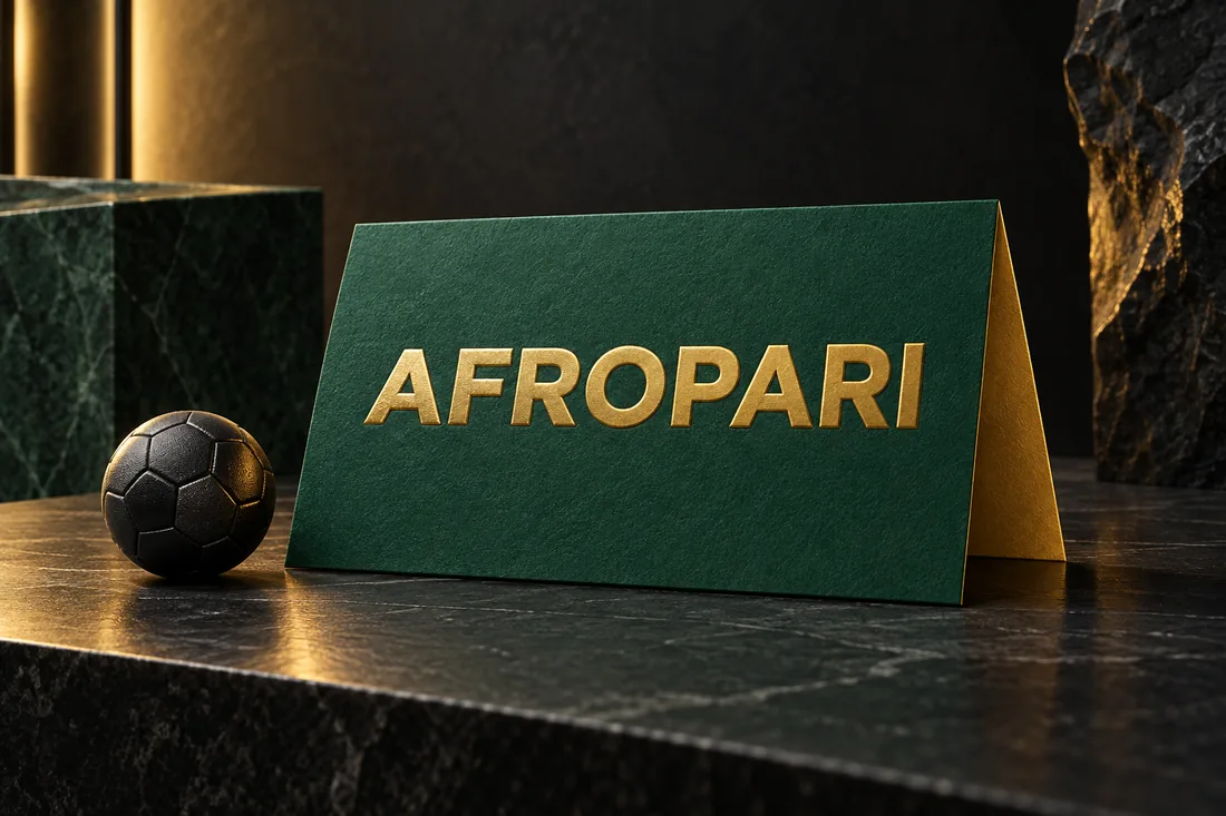 AFROPARI embossed on a green and gold promotional card