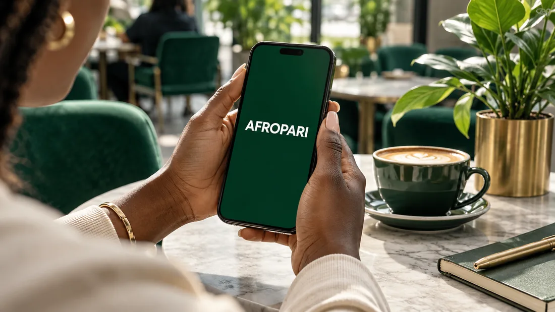 Adult using a phone displaying AFROPARI in a contemporary café
