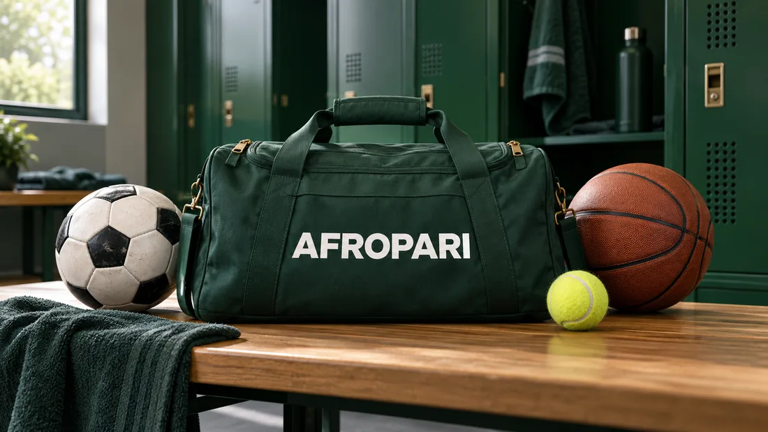 Football, basketball and tennis ball beside an AFROPARI sports bag