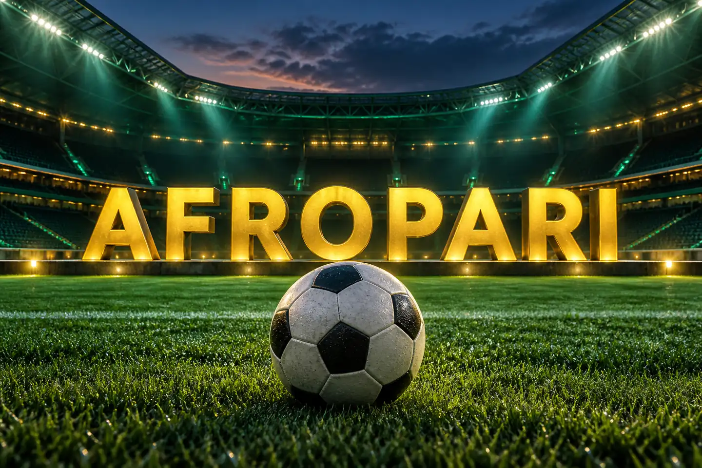 Football on a stadium pitch with illuminated AFROPARI lettering